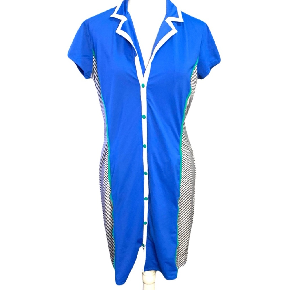 Kinona Medium Blue White Striped Snap Front Dress Golf Pickleball Tennis Sporty